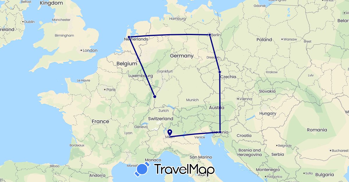TravelMap itinerary: driving in Czech Republic, Germany, France, Italy, Netherlands, Slovenia (Europe)